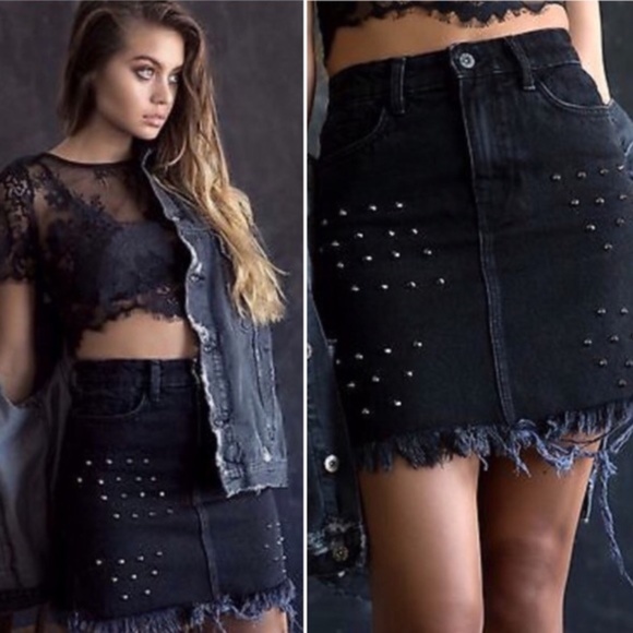 LF Carmar Black Studded Mini Skirt with Fray Hemline - Picture 1 of 8